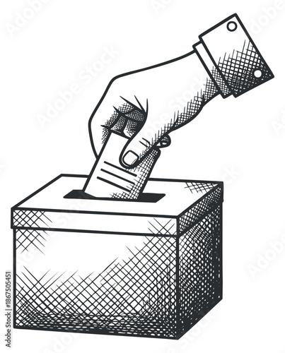 A hand placing a ballot into a voting box in a black and white sketch style, ideal for civic education and political themes
