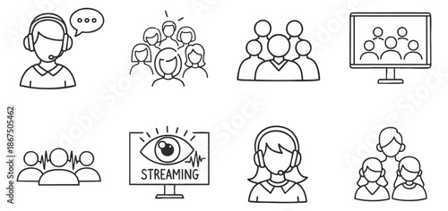A collection of communication and streaming icons in minimalist outline vector style, suitable for digital media and technology projects