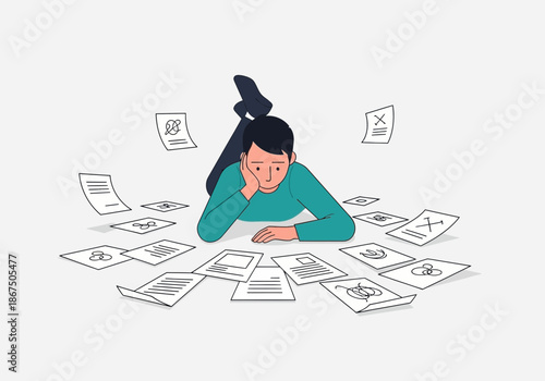 Person lying down surrounded by papers, looking thoughtful and overwhelmed.