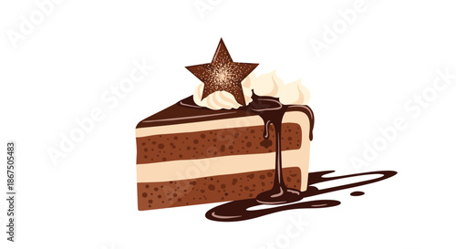 Delicious slice of double chocolate layer cake topped with whipped cream and a chocolate star decoration on white background.