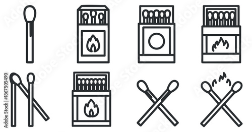 A set of matchstick icons and matchbox in minimalist black and white vector style, suitable for fire safety and outdoor design projects