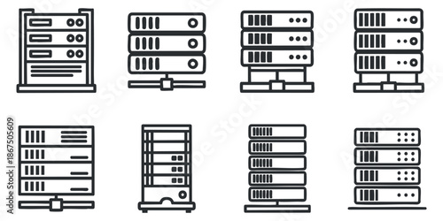 A collection of server icons in clean outline vector style, suitable for technology and IT projects
