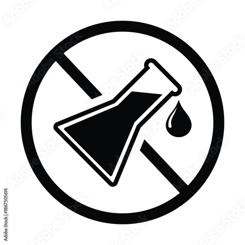 Green prohibited sign icon with a chemical flask and droplet. Minimalist vector illustration representing "no chemicals," "preservative-free," or "non-toxic" organic product labeling and safety.