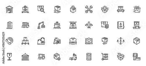 Transportation icon set. Logistics vector icons pack. Includes warehouse, shipping, tracking, cargo, truck, delivery, forklift and more. Editable stroke.