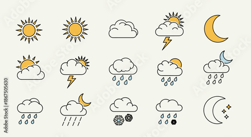 Comprehensive set of minimal weather icons representing sun, clouds, rain, snow, lightning, and moon for forecasting applications.