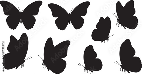 Eight black butterfly silhouettes with antennae on white background