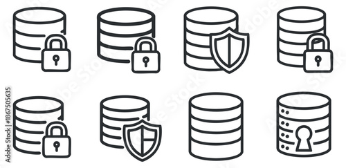 A set of database security icons featuring locked databases and shield symbols in minimalist line art vector style, ideal for tech and cybersecurity projects