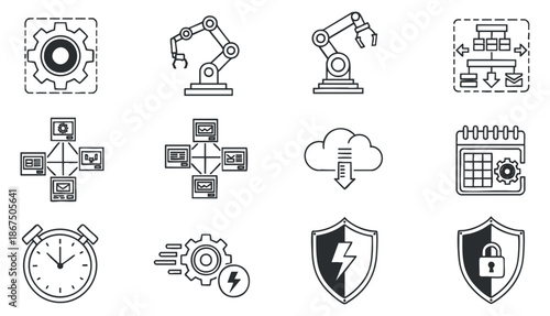 A collection of automation and technology icons featuring gears, robots, cloud computing, and security elements in minimalist vector style, suitable for digital projects and presentations