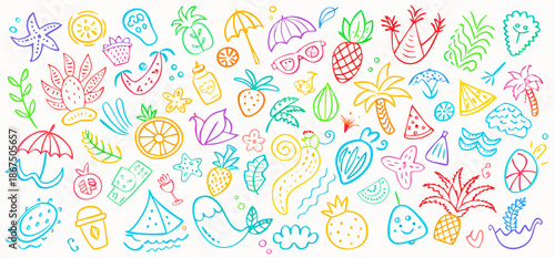 Summer doodles in bright pastel colors on white background for childrens design.