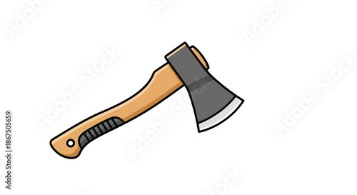 Traditional wood cutting hand axe with a sharp metal blade and a polished wooden handle isolated on white background.