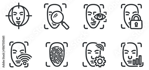 A set of biometric identification icons featuring face recognition, fingerprint scanning, and eye detection in minimalist vector style, suitable for security and technology applications