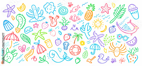 Summer doodles with beach elements in bright colorful crayon style on white background for childrens design.