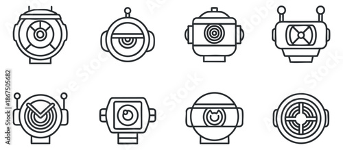 A collection of robot icons with various designs in clean outline vector style, suitable for technology and digital projects