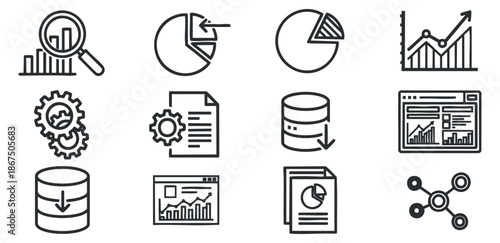 A collection of data analytics icons including charts, graphs, and database elements in modern minimalist vector style, ideal for business presentations and tech projects