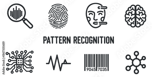 A set of pattern recognition icons including brain, fingerprint, magnifying glass, and barcode in black and white minimalist vector style, suitable for technology and data analysis projects
