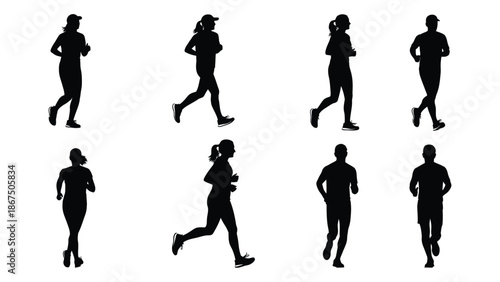 Silhouettes of people running and exercising dynamic figures in motion
