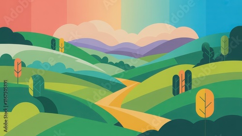 Serene Landscape with Rolling Hills and Pathway under Vibrant Sky