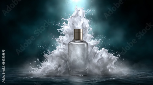 Suspended particles surrounding perfume bottle with explosive powder display in studio setting