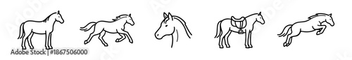 Set of minimalist black line art horse icons featuring various poses including standing, running, jumping, and a saddled horse on a white background.