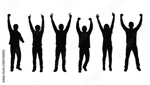 Silhouettes of people celebrating with arms raised in a joyful moment
