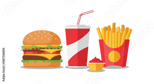 Classic fast food combination featuring a double cheeseburger, crispy french fries, a soda cup, and ketchup on white.