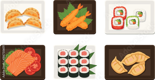 Japanese food dishes collection vector illustration with sushi tempura gyoza and sashimi isolated on white background