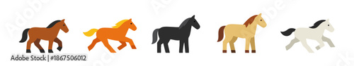 Five colorful horse icons in flat style. Includes galloping, walking, and standing horses in brown, black, white, tan, and orange.