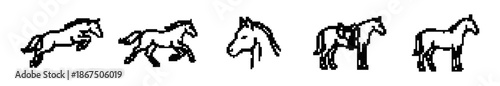 Set of black and white pixel art horse icons featuring jumping, galloping, standing, and saddled poses on a white background.