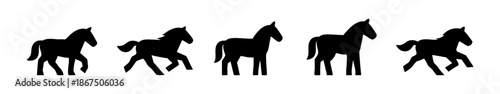 Collection of black horse silhouettes in various poses including galloping, walking, and standing, isolated on a white background.