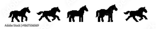 Set of black pixel art horse silhouettes in various running and galloping poses against a white background, ideal for retro game animation.