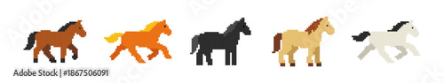 Set of five pixel art horse sprites in different colors and poses, isolated on white. Ideal for retro 8-bit or 16-bit video game design.