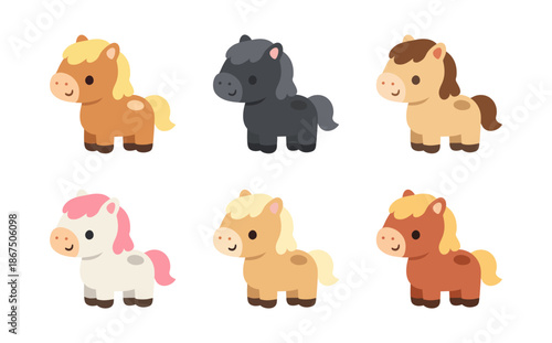 Collection of six cute cartoon pony characters in various colors. Adorable kawaii horse vector illustrations for kids' projects.