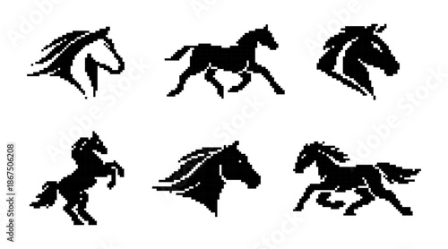 Set of pixel art horse silhouettes and head icons in a retro 8-bit style, including running, rearing, and profile views.