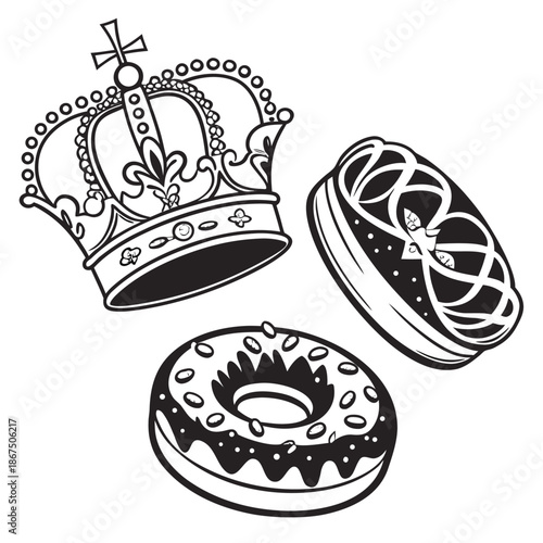 Crown and donuts illustration in black and white graphic style for royalty or sweet treat design.
