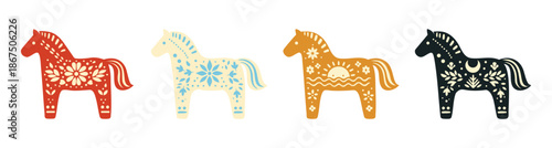 Set of four traditional Swedish Dala horses with kurbits folk art floral patterns in red, blue, orange, and black on a white background.