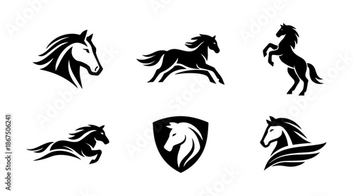 Collection of six minimalist black horse logos featuring heads, running silhouettes, and a rearing stallion, ideal for equestrian branding and design.