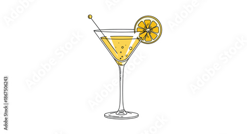 Martini glass with a yellow cocktail and a round lemon slice garnish on a long stem against a plain white background.