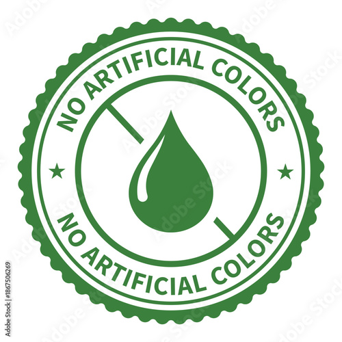 Green "No Artificial Colors" stamp with a crossed-out droplet. Circular badge icon for natural food packaging, organic products, and clean label marketing. 100% natural ingredient guarantee.