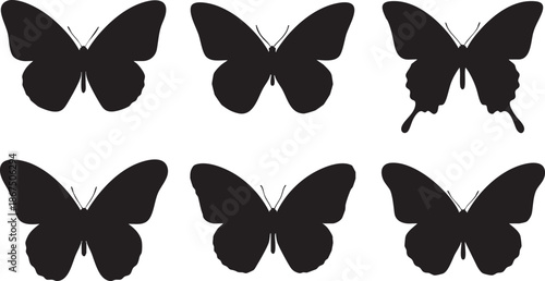 Five black butterfly silhouettes with one showing a whisk mark on the wing