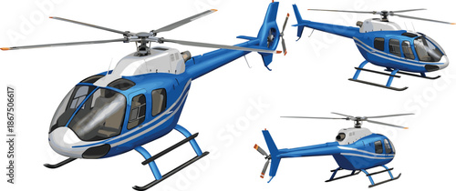 Modern blue helicopter set vector illustration with different angles isolated on white background for aviation transport design