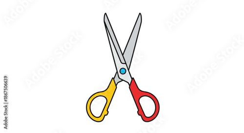 Open pair of scissors featuring colorful yellow and red plastic handles isolated against a clean white background for school or office use.