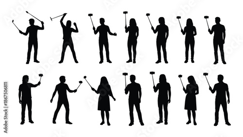 Silhouettes of people juggling clubs showing various poses and actions
