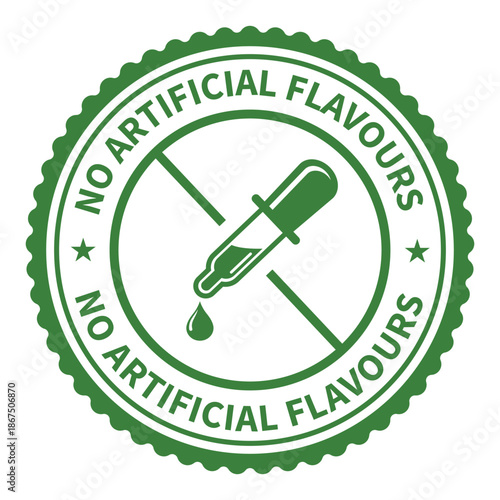 Green "No Artificial Flavor's" stamp icon with a crossed-out dropper and droplet. Circular vintage badge design for organic food packaging, healthy products, and natural ingredient labeling.