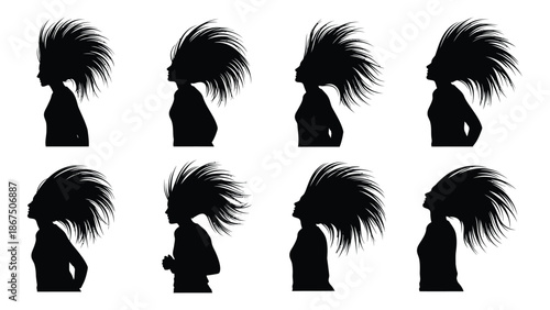Silhouettes of women with elaborate feathered headdresses in profile view