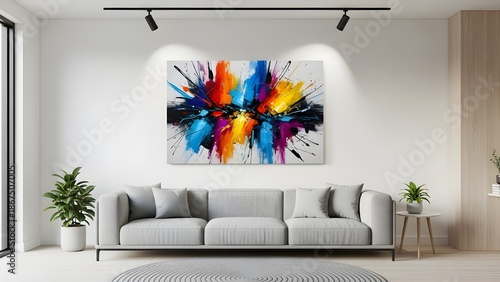 Modern Abstract Colorful Painting Displayed in Contemporary Living Room Interior
