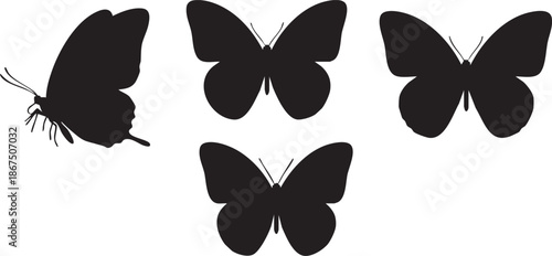 Four black butterfly silhouettes with antennae on white background