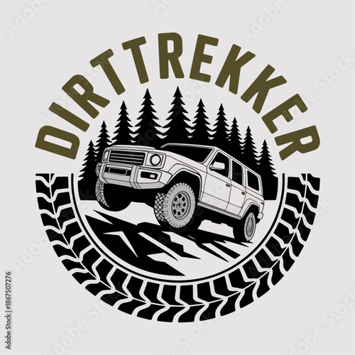 DirtTrekker tire‑ring crest with 4x4 truck jumping through pine forest, rugged overland rally emblem; outdoor adventure motorsport vector for clubs and apparel