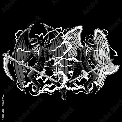 Symmetrical Grim Reaper figures with dark and light wings