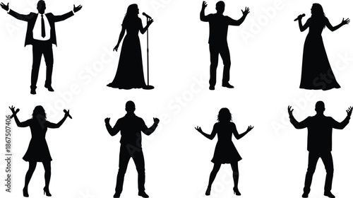Expressive silhouettes of singers, dancers, and performers on stage with microphones, dynamic poses, artistic celebration, and vibrant entertainment energy