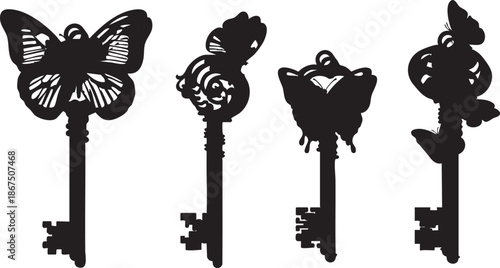 Four black silhouette keys with butterfly on the handles key handles